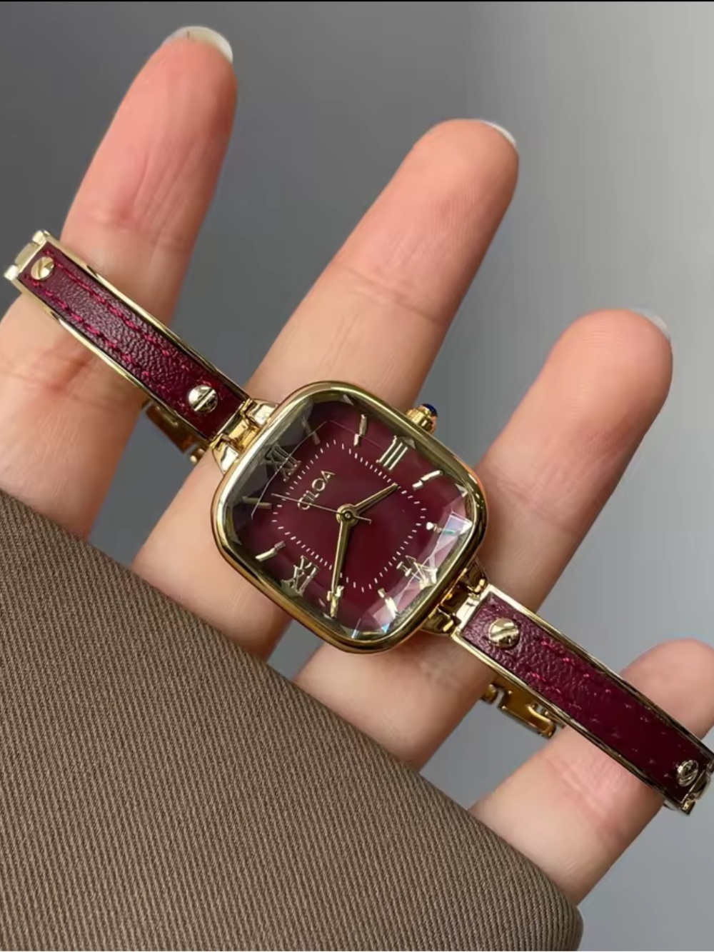 Gold-Tone Ladies Watch with Burgundy Dial and Strap